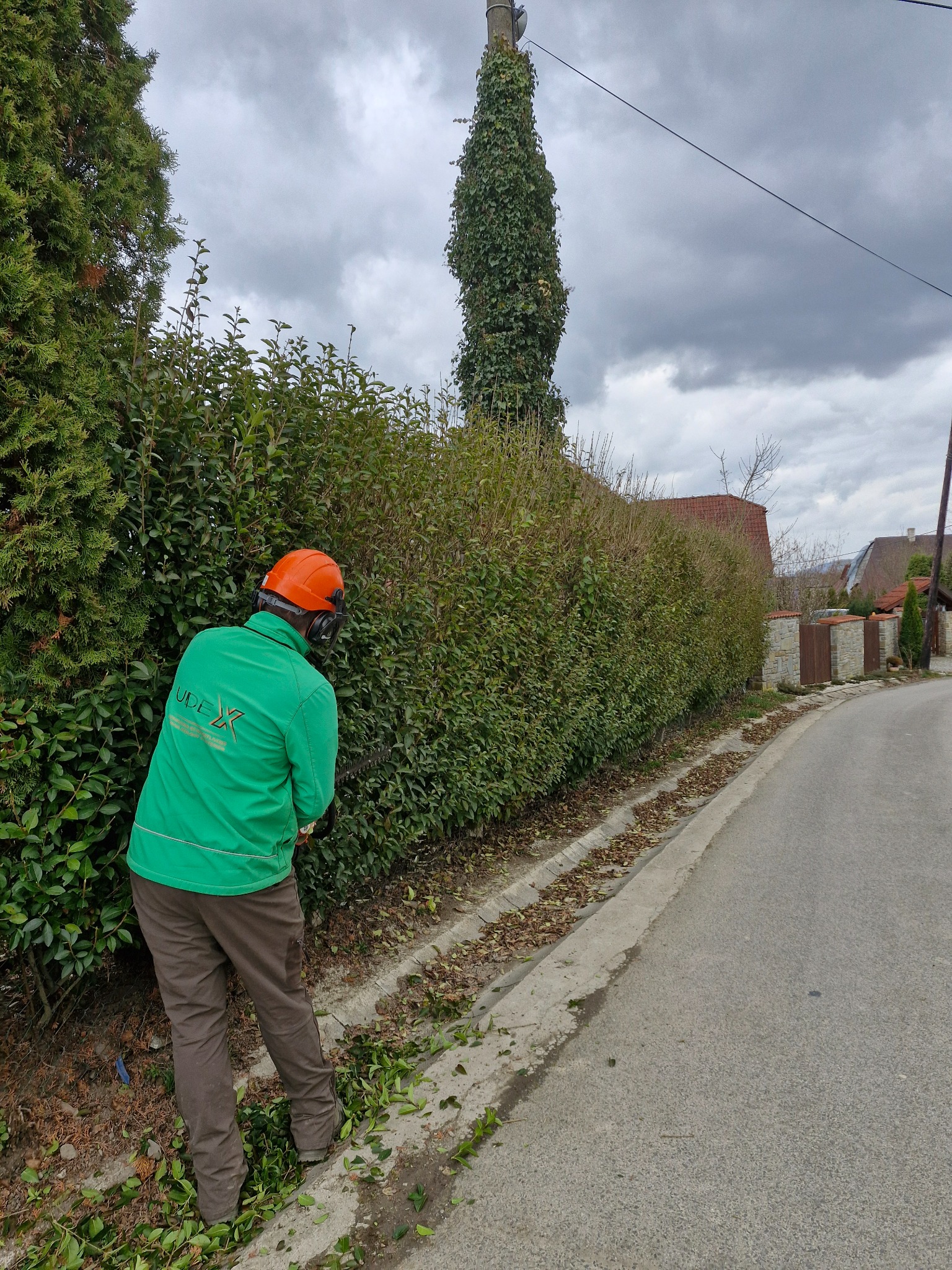 Pracovník v oblečení UDEX pri strihaní živého plota